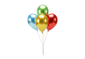 Four clustered iridescent metallic balloons (light blue, pastel green, golden yellow, rosy red) float against a transparent studio background with copy space, festive party atmosphere