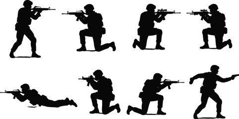 Military soldier silhouettes set, tactical shooting poses, armed forces training, combat kneeling standing prone actions, warfare defense vector illustration background © Rokeya