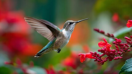 Fototapeta premium A vibrant hummingbird flits among bright red flowers, showcasing its iridescent feathers in a lush, colorful garden.