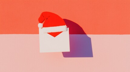 Fototapeta premium Christmas santa hat (red with white trim, pompom) on blank white envelope, two-tone coral-pink background with bold shadow. Ideal for wallpaper, poster, festive greeting card or holiday decor design.