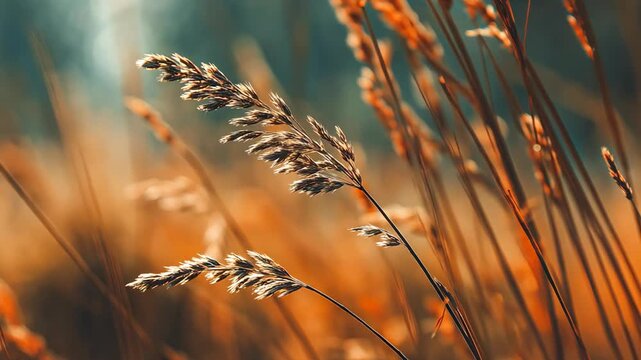 close up beautiful dry wild grass field sway in gentle wind blow 