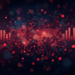 Vibrant red digital abstract art with pixelated world map and sound wave bars on dark background with bokeh lights
