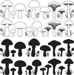 Mushroom silhouettes and outline illustrations set