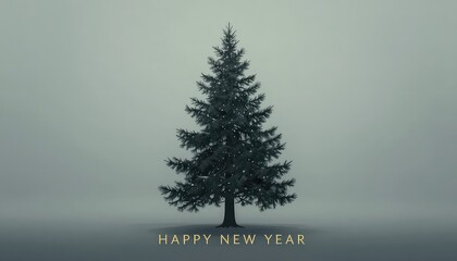 Snowy pine tree with Happy New Year text on foggy background