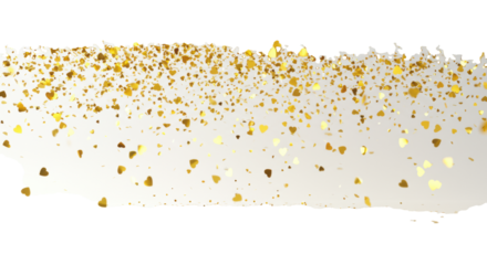 Thousands of golden heart-shaped confetti and fine gold glitter falling with selective sharp focus and motion blur against a transparent studio background, dazzling celebration atmosphere