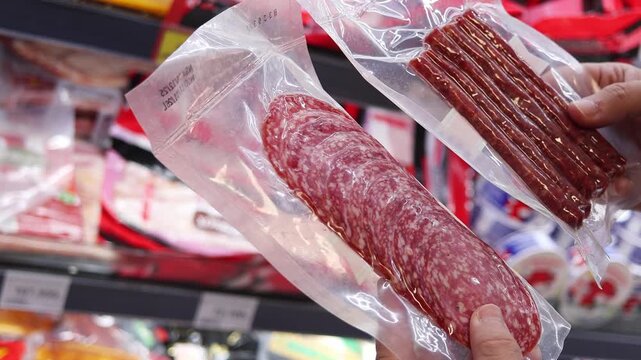 Close-up of a man choosing between different packages of sausages at a grocery store. Real time motion video.