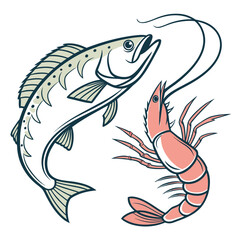 Fototapeta premium Fish And Shrimp Combination Clean Vector White B