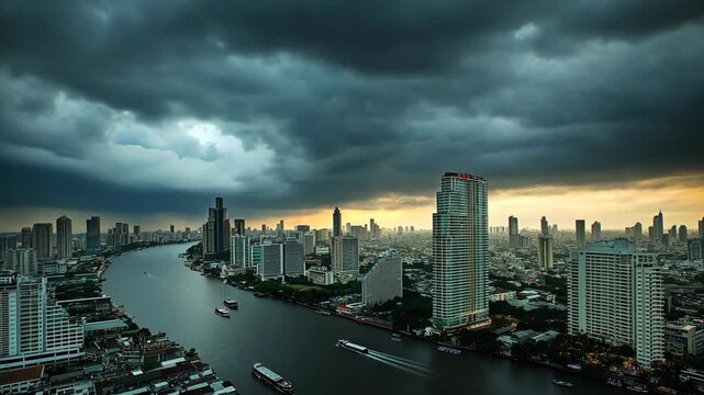 Black, dark storm clouds rolling over an urban cityscape with a wide river, creating a dramatic and ominous atmosphere that highlights extreme weather, powerful nature, and the contrast between the ci