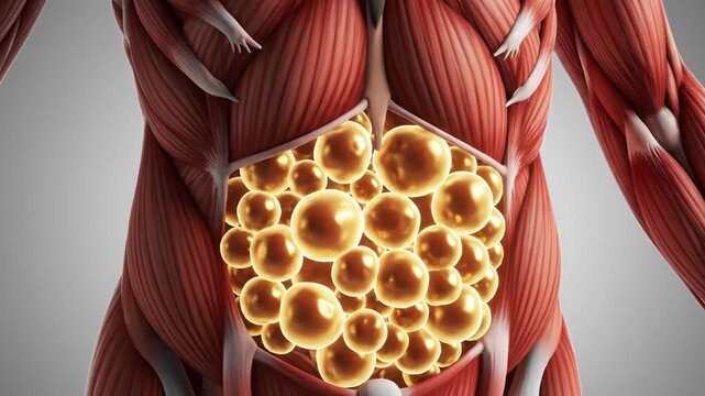 Human muscle anatomy with highlighted abdominal fat cells underneath 4k video