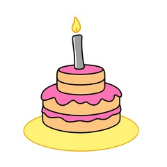 Simple two tier birthday cake with pink icing and candle