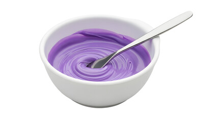 Purple Cream or Yogurt in White Bowl with Silver Spoon, Isolated on White Background