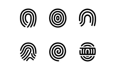 Collection of six unique fingerprint icons in black and white, representing identity and security