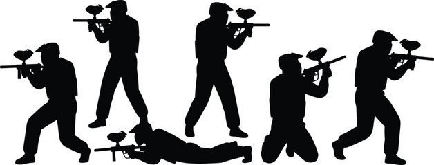 Paintball player silhouette set showing action combat shooting poses isolated on white background illustration extreme sport teamwork strategy concept © Rokeya