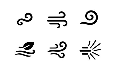 Fototapeta premium Collection of six black wind icons representing different weather conditions and air movement