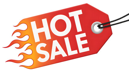 A vibrant red and orange hot sale tag with stylized flame accents promotes limited time offers and discounts against a clean white background