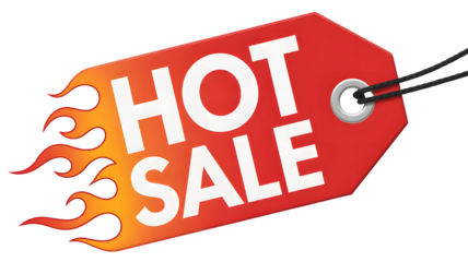 A vibrant red and orange hot sale tag with stylized flame accents promotes limited time offers and discounts against a clean white background