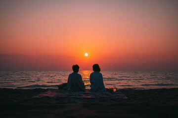 Two people sitting on a beach blanket enjoying a sunset view over the ocean