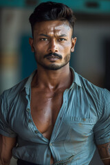 Obraz premium A Bangladeshi man with a mustache wearing an unbuttoned light blue shirt and looking directly at the camera