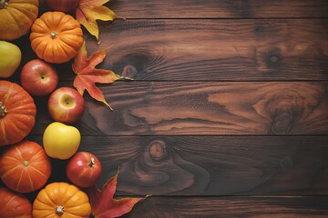 Autumn harvest display of pumpkins apples and colorful fallen leaves on wood