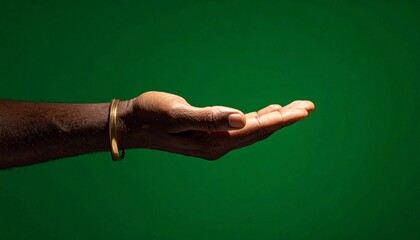 Isolated dark-skinned hand palm up, offering or receiving gesture with subtle gold bracelet on green screen background, ready for cutout.