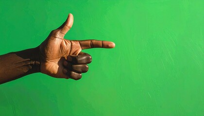 Dark-skinned hand making a pointing or finger gun gesture against an isolated bright green screen chroma key background.