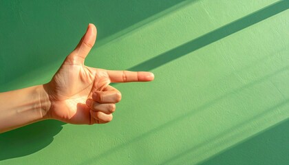 Human hand making a pointing gesture with an extended index finger and raised thumb, casting dramatic shadows on a vibrant green wall.