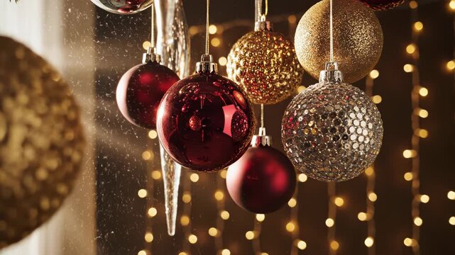Hanging christmas ornaments in red gold and silver with string lights 4k video
