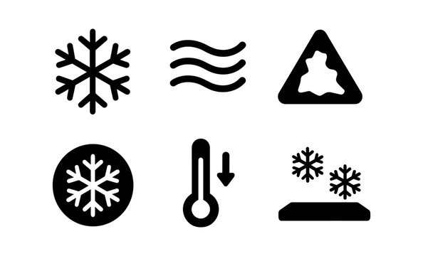 Collection of winter weather and cold temperature icons including snowflakes and thermometer