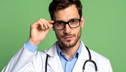 Confident young male doctor in white lab coat adjusting glasses, looking at camera with stethoscope, professional healthcare portrait.