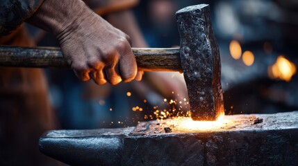 Medium shot of an artisan skillfully wielding a massive sledgehammer shaping heated metal on an anvil with powerful precise strikes