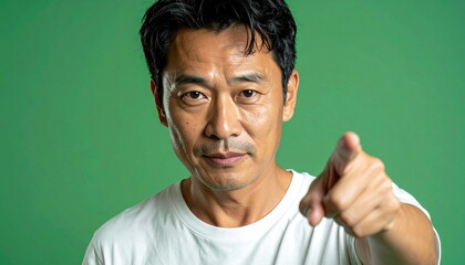 Serious middle-aged Asian man pointing directly at camera on green screen background, confident and engaging gesture