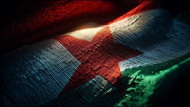 Close-up of Textured Sudanese Flag Waving, Red Star Emblem, National Symbol