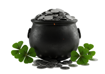 A deep black polished leprechaun's cauldron overflowing with glittering silver coins and vibrant four-leaf clovers on a transparent background, festive St. Patrick's Day concept