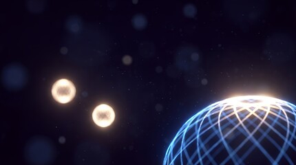 Abstract glowing digital sphere with blue grid lines illuminates a cosmic field filled with luminous orbs and subtle particle effects futuristic science technology light particles bokeh