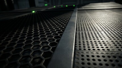 Extreme close up view of dark perforated metal grating surfaces one section with hexagonal holes and another with circular holes featuring small green indicator lights in the distance
