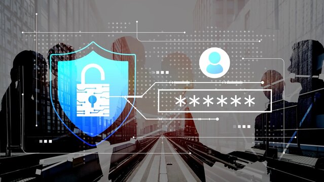 Digital security concept showcasing user protection with padlock symbol and blurred business figures on urban background emphasizing data safety and privacy Gluon. - Powered by Adobe