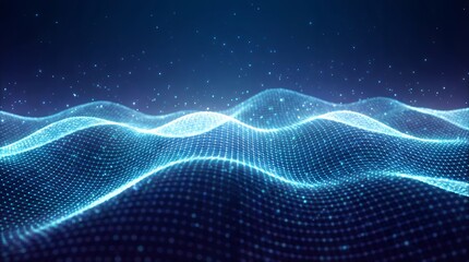 Illuminated glowing blue digital wave structure composed of interconnected nodes and lines forming a complex mesh against a deep blue starry night sky abstract technology data flow