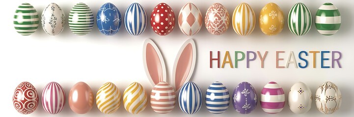 Colorful easter eggs and bunny ears with happy easter text on white background