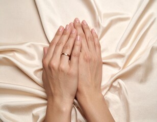 Delicate Hands: A tender image of hands adorned with a delicate gold ring, tenderly placed on luxurious silk. Capturing the essence of elegance and refined beauty.