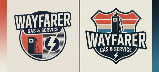 Obraz premium Wayfarer Gas & Service retro station logos with vintage pump, shield and lightning bolt; roadside garage branding vector marks