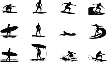 Surfing silhouettes set, surfers riding waves paddling carrying boards, ocean sport action, summer beach lifestyle, vector illustration isolated background