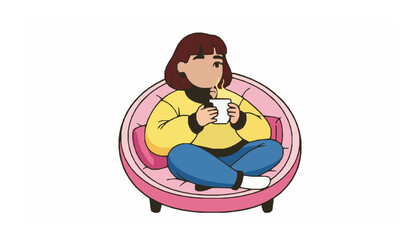 Happy woman relaxing in comfortable chair cartoon vector illustration