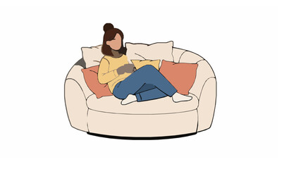 Relaxed woman sitting in soft chair with coffee cartoon vector illustration