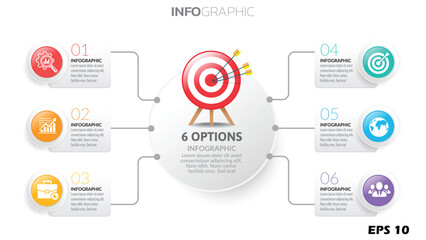 Fototapeta premium 6 Options Business Infographic Template. Modern Process Flow Chart with Central Target Bullseye and 6 Numbered Steps. Professional Strategy Layout with Icons. Vector Illustration