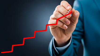 Businessman drawing red line graph on dark background