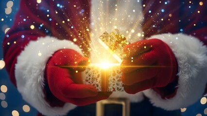 Santa Claus opens a glowing magic gift box sparkles, and bokeh lights.