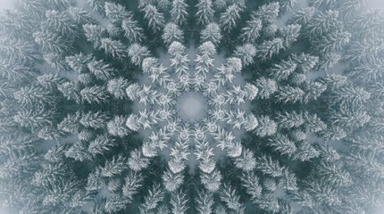Aerial kaleidoscope of snow-covered pine forest in winter pine trees