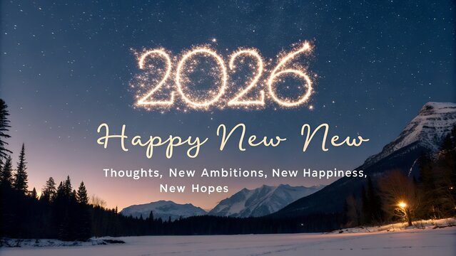 2026 happy new year with new thought, new ambitions, new happiness, new hopes, on landscape background.
