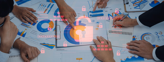 A team collaborates on data analysis, surrounded by various business charts and graphs. Digital lock icons overlay the scene, highlighting security in data management. Trope