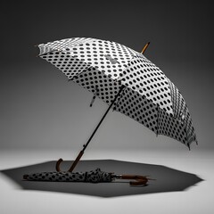 Open polka dot umbrella on gray background